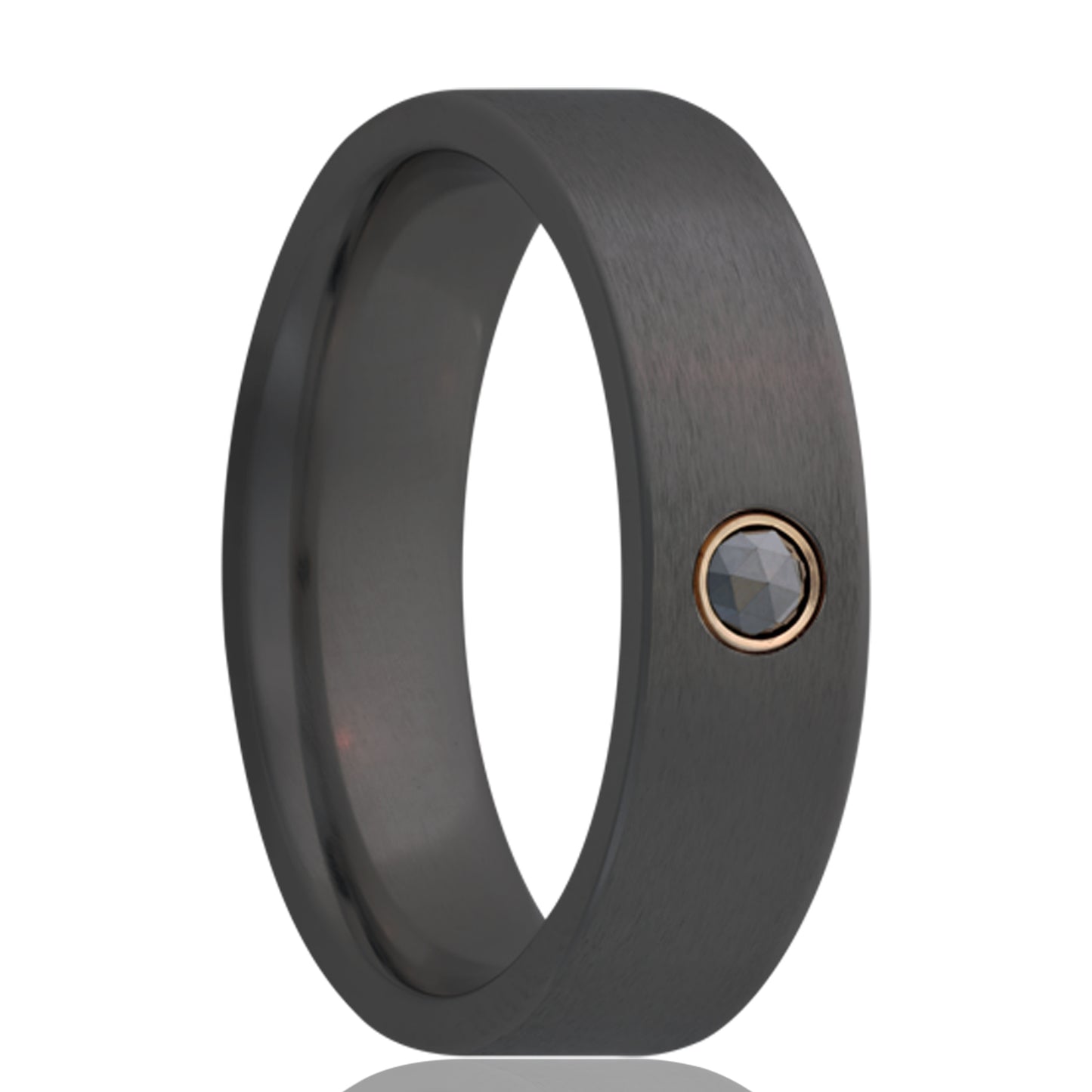Zirconium Wedding Band with 14k Gold Bezel Set Rose Cut Black Diamond