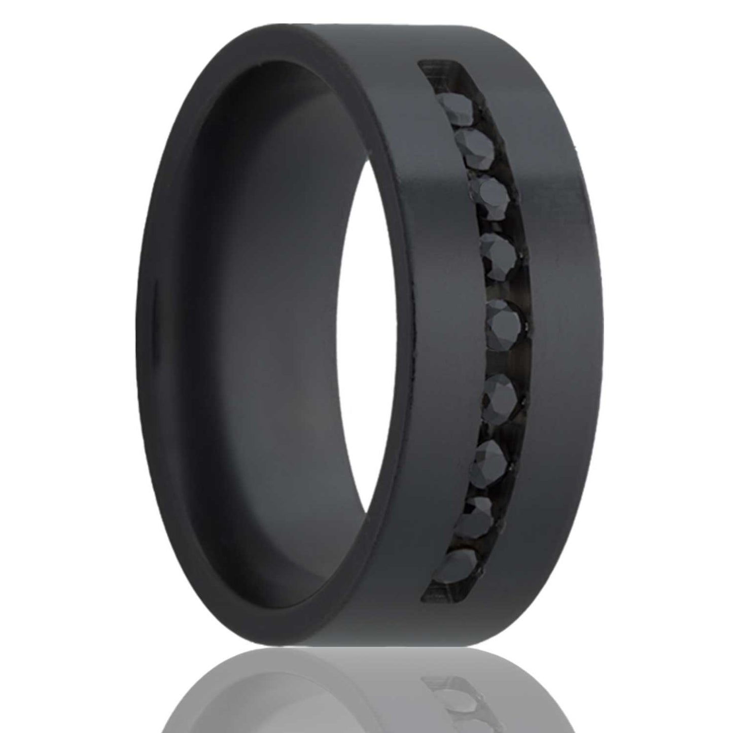 A zirconium men's wedding band with nine black diamonds displayed on a neutral white background.