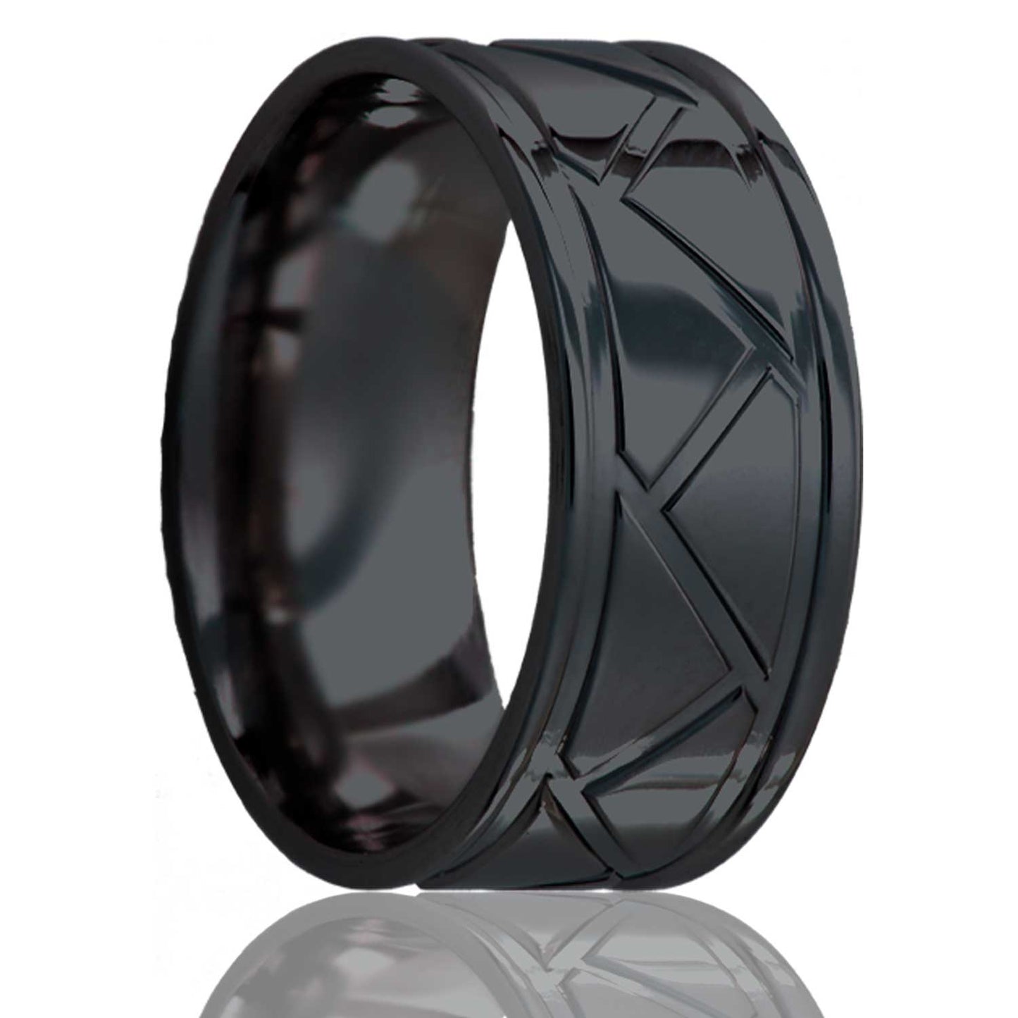 A grooved triangles zirconium men's wedding band displayed on a neutral white background.