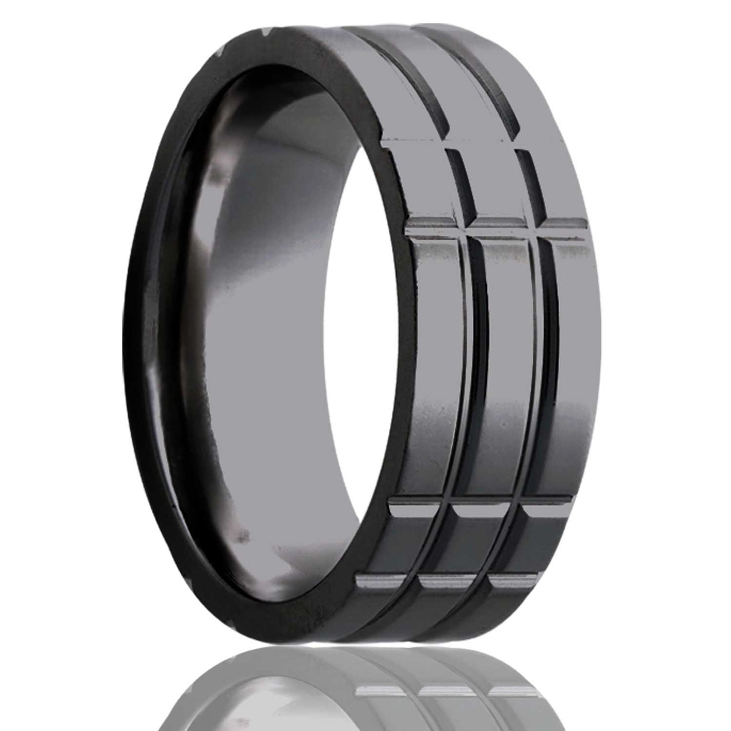 A intersecting grooves zirconium men's wedding band displayed on a neutral white background.