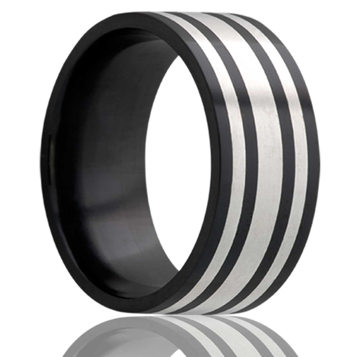 A triple argentium silver inlay zirconium men's wedding band displayed on a neutral white background.