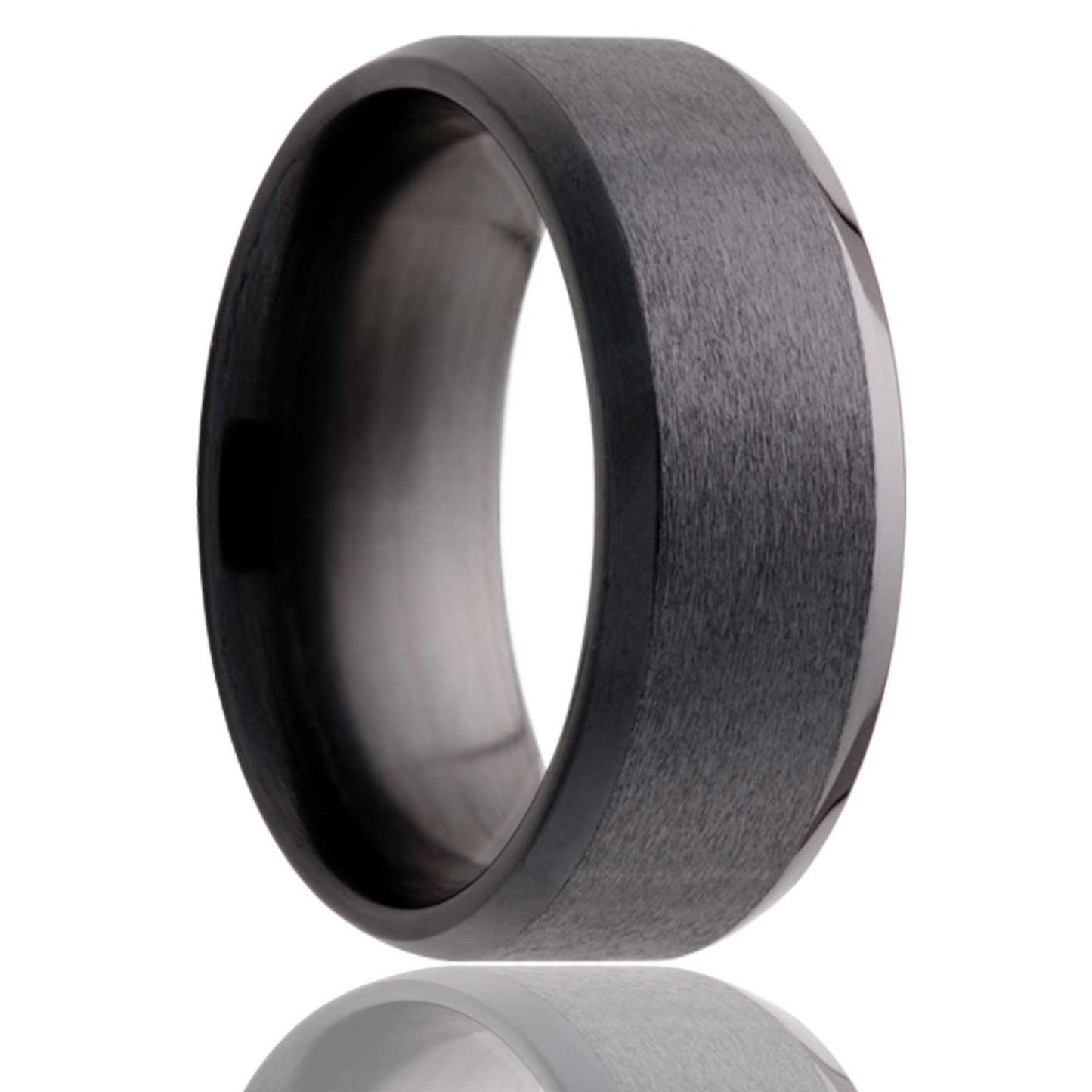 A satin finish zirconium wedding band with beveled edges displayed on a neutral white background.