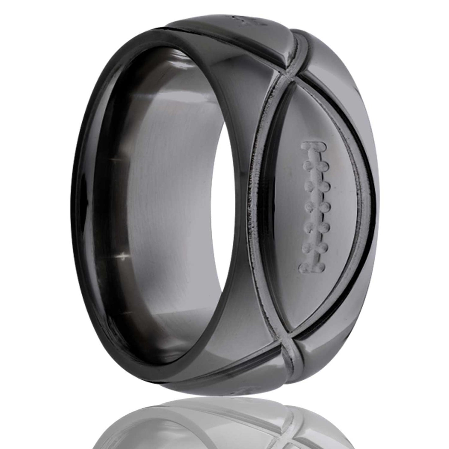 A football pattern domed zirconium men's wedding band displayed on a neutral white background.