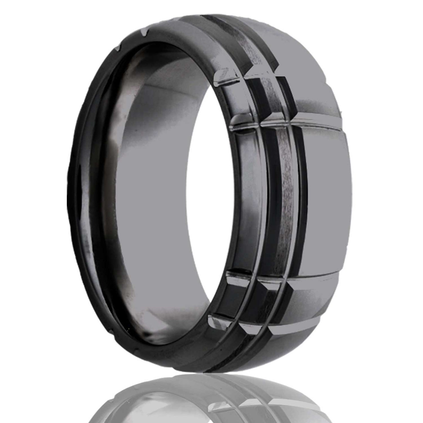 A asymmetrical intersecting grooves domed satin finish zirconium men's wedding band displayed on a neutral white background.