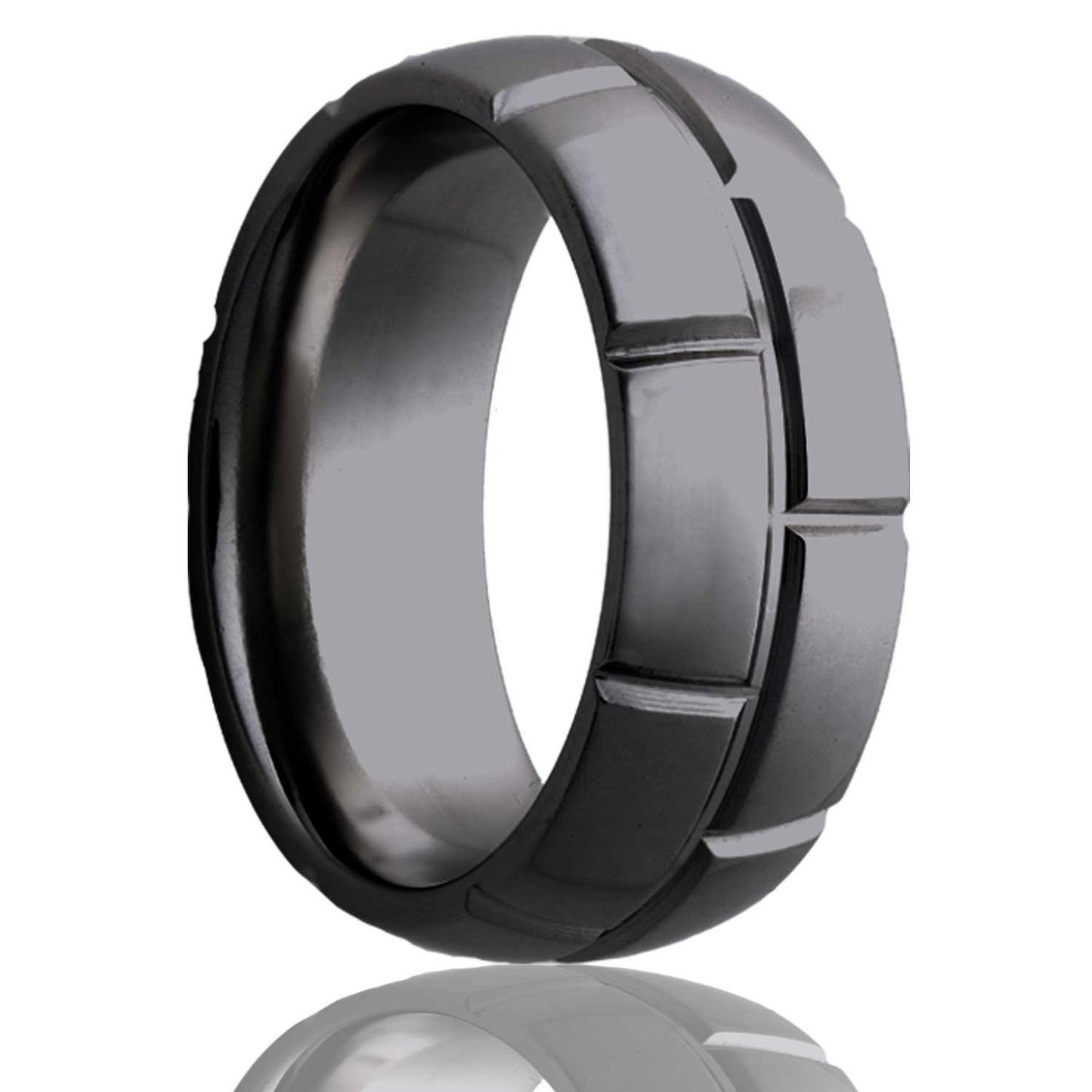 A brick grooved domed zirconium men's wedding band displayed on a neutral white background.