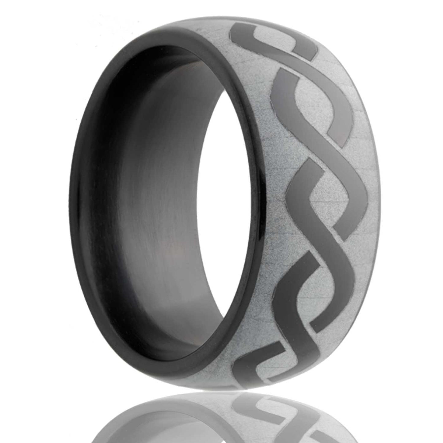 A infinity waves domed zirconium wedding band displayed on a neutral white background.