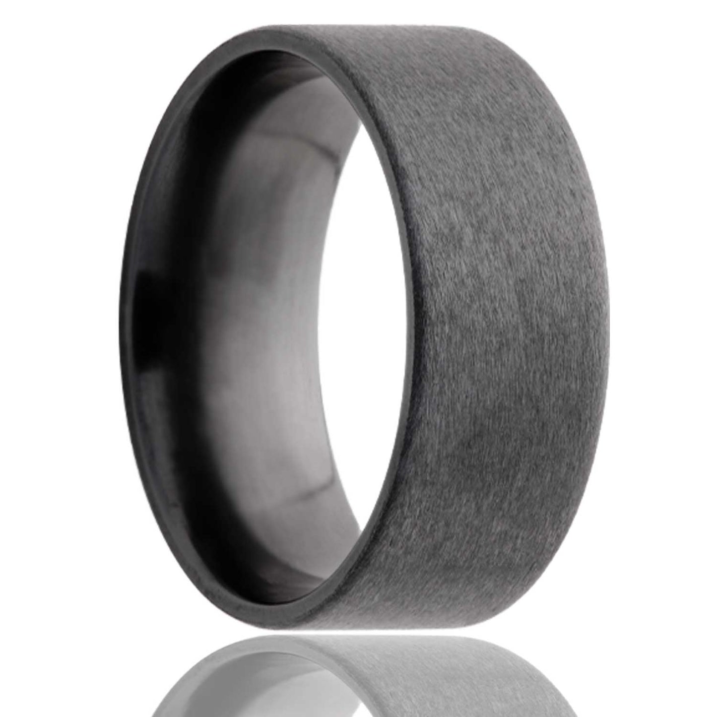 A satin finish zirconium wedding band displayed on a neutral white background.