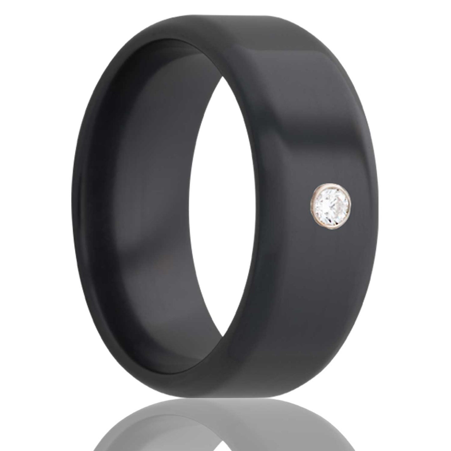 Zirconium Wedding Band with Beveled Edges with Bezel Set Diamond