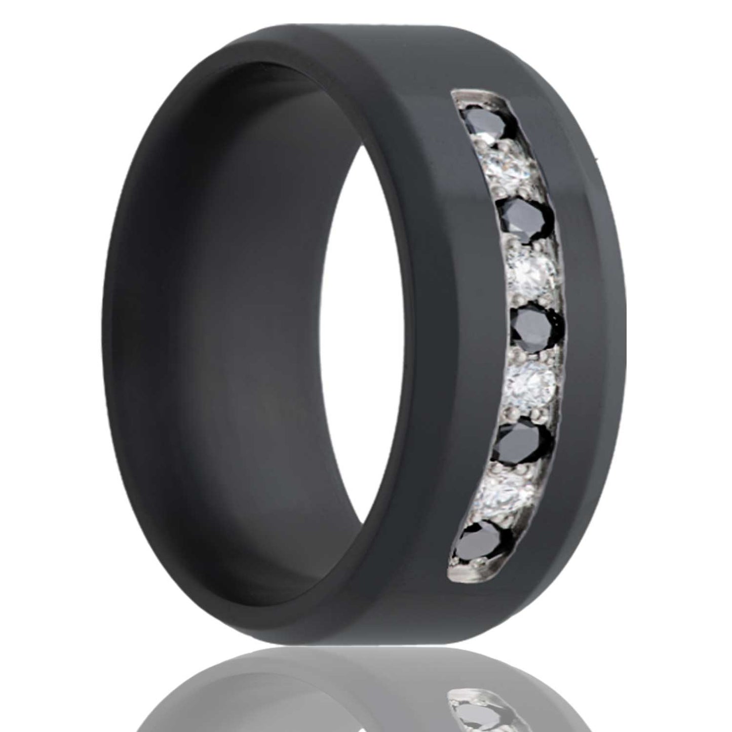A zirconium men's wedding band with alternating black & white diamonds displayed on a neutral white background.