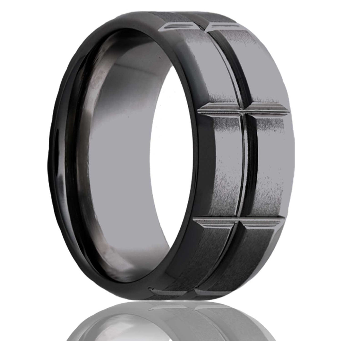 A satin finish zirconium men's wedding band with beveled edges displayed on a neutral white background.