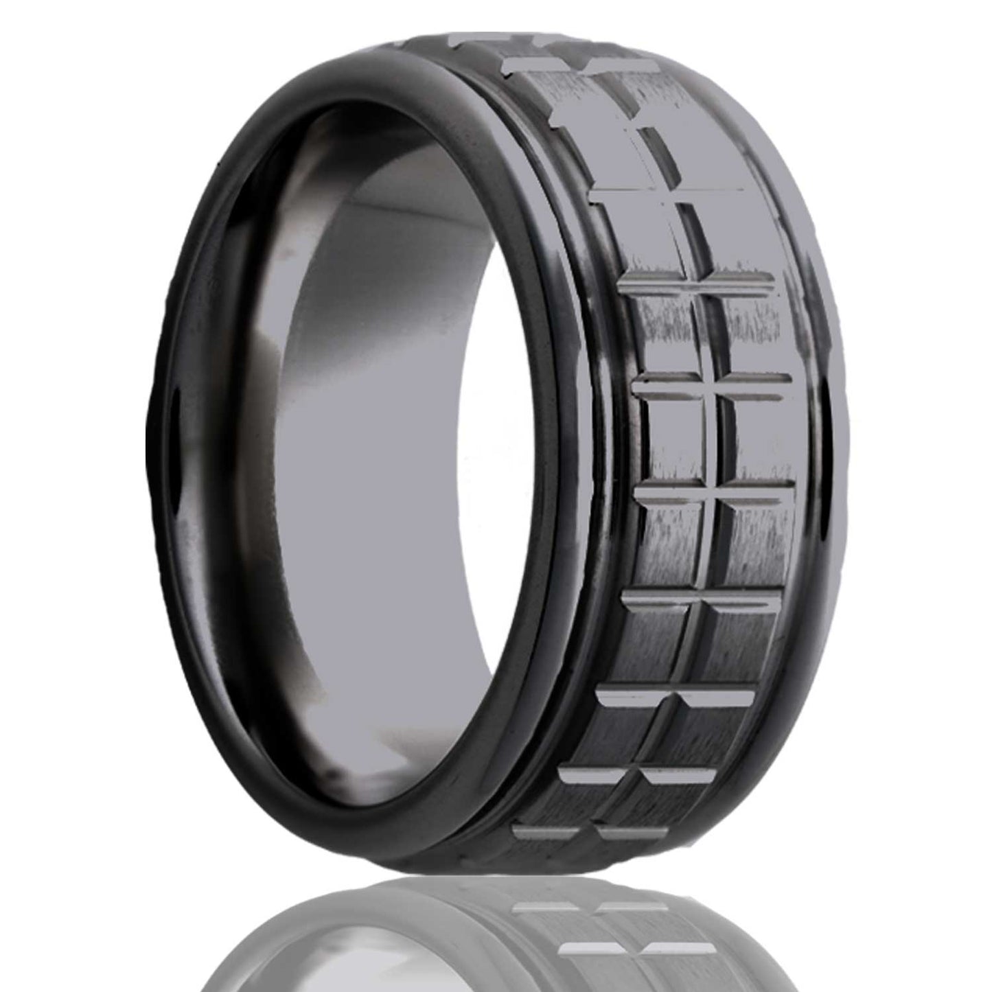 A grooved check pattern satin finish grooved zirconium men's wedding band displayed on a neutral white background.