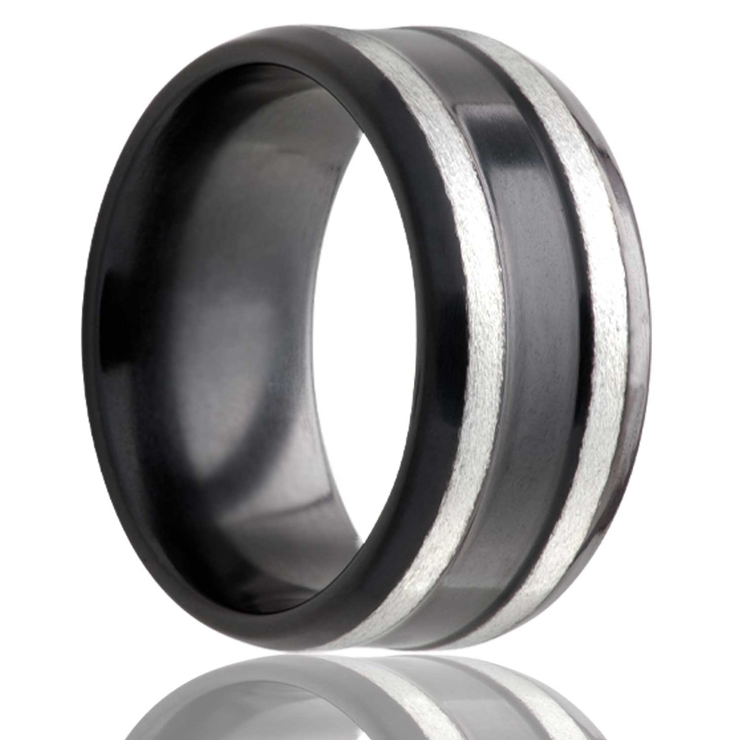 A satin finish zirconium wedding band with dual stripes & beveled edges displayed on a neutral white background.