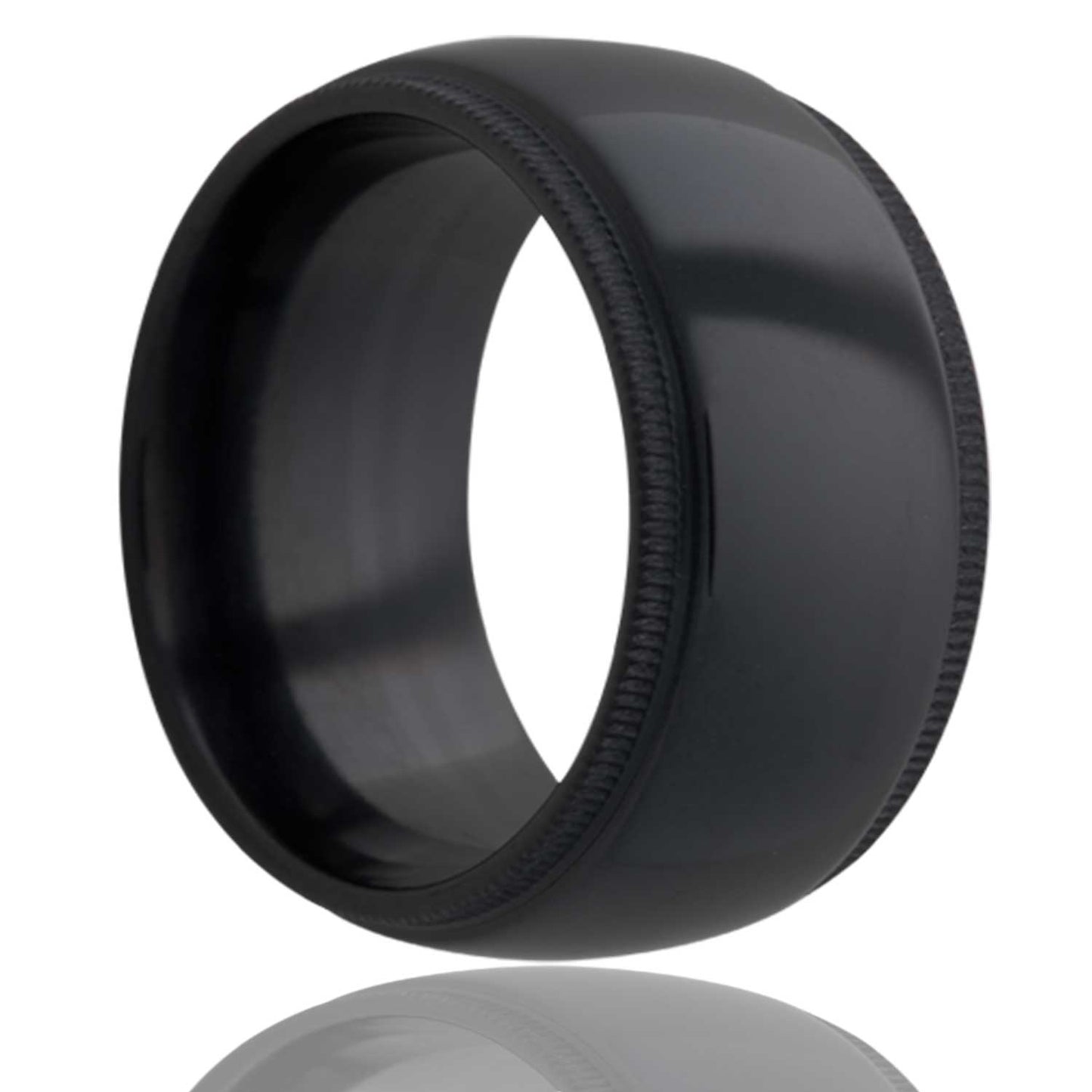 A domed zirconium wedding band with milgrain stepped edges displayed on a neutral white background.