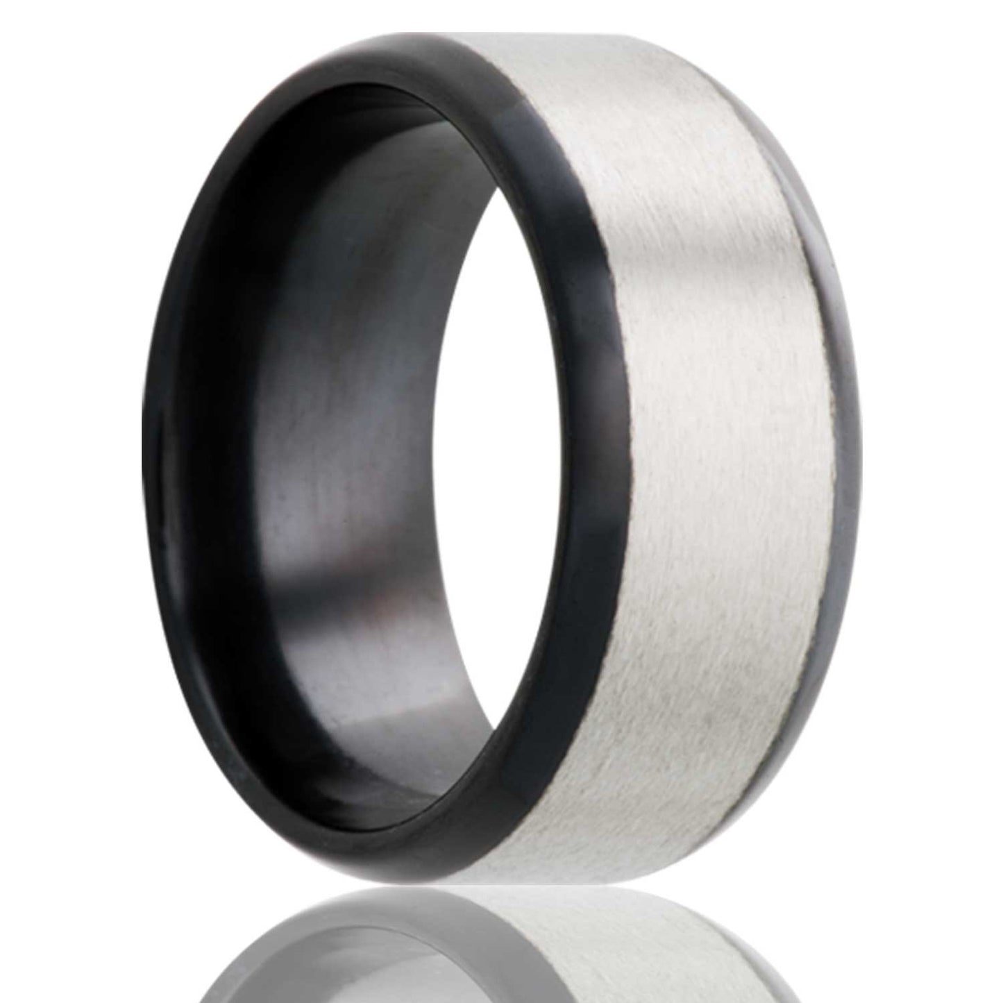 A satin finish zirconium wedding band with beveled edges & polished center displayed on a neutral white background.