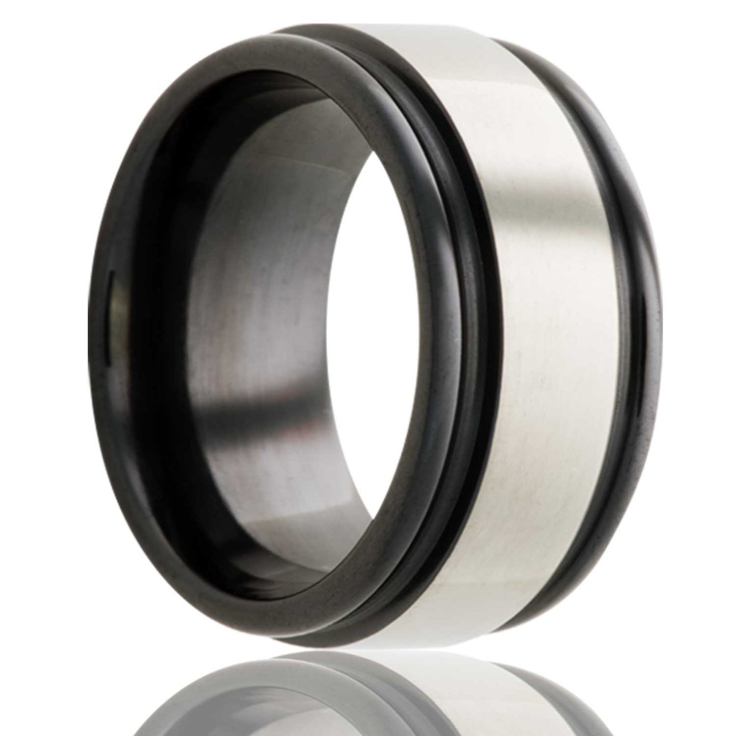 A grooved zirconium wedding band with polished center displayed on a neutral white background.