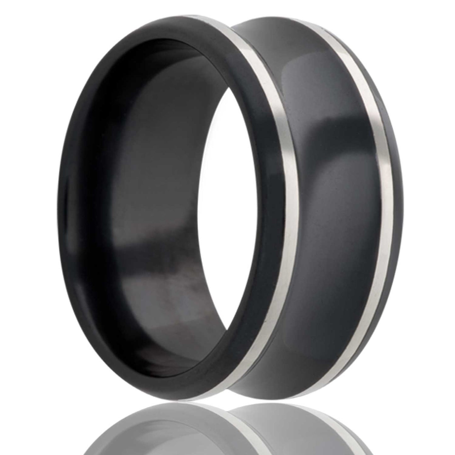 A concave zirconium wedding band with silver edges displayed on a neutral white background.