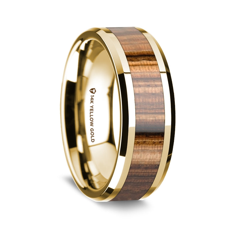 Zebra Wood Inlay 14k Yellow Gold Men's Wedding Band