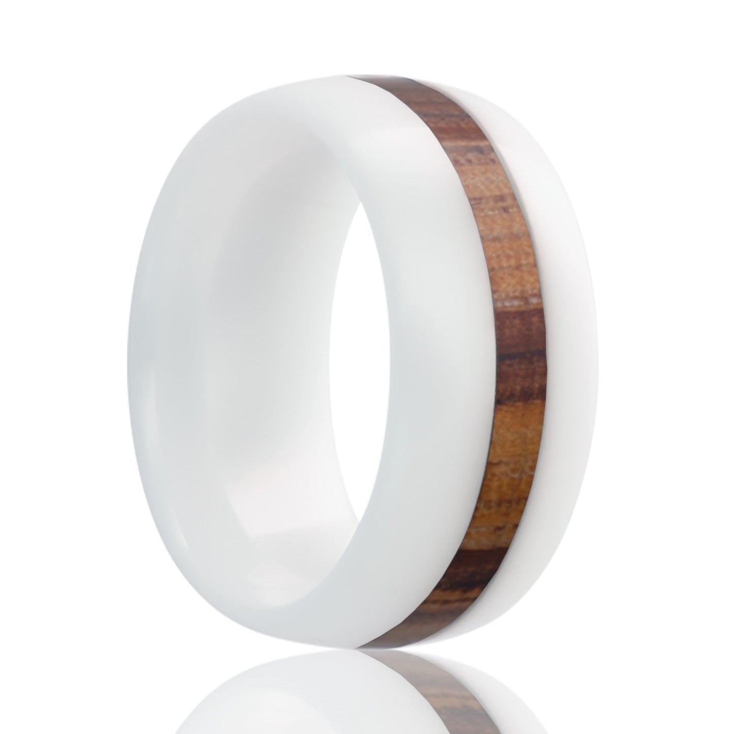 Zebra Wood Inlay Domed White Ceramic Wedding Band