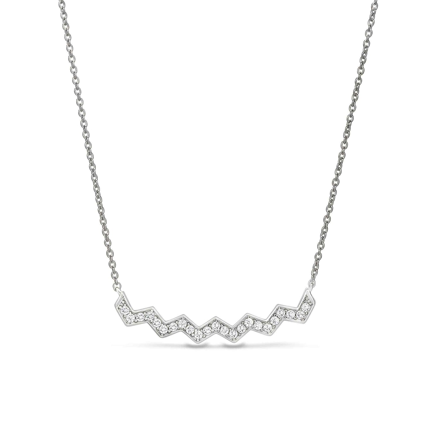 A zig zag necklace with simulated diamonds displayed on a neutral white background.