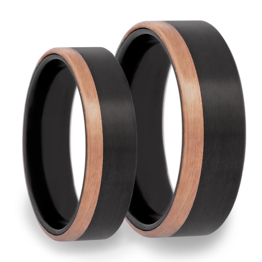 Zirconium Couple's Matching Wedding Band Set with Asymmetrical 14k Rose Gold Inlay