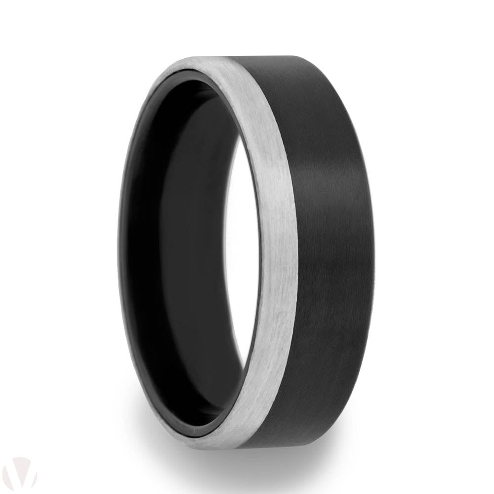 Zirconium Wedding Band with Asymmetrical 14k White Gold Inlay