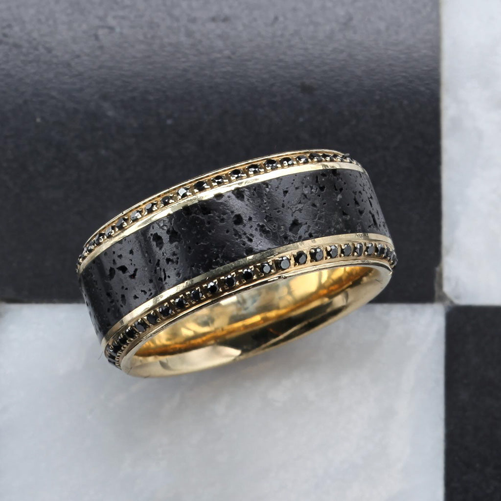 10k Yellow Gold Men's Wedding Band with Lava Rock Inlay & Black Diamonds