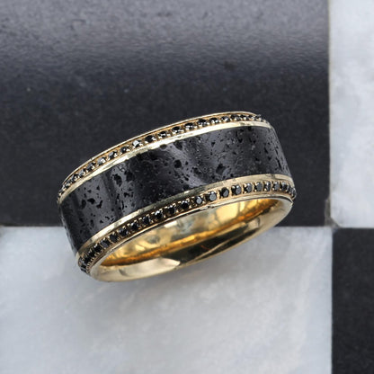 10k Yellow Gold Men's Wedding Band with Lava Rock Inlay & Black Diamonds