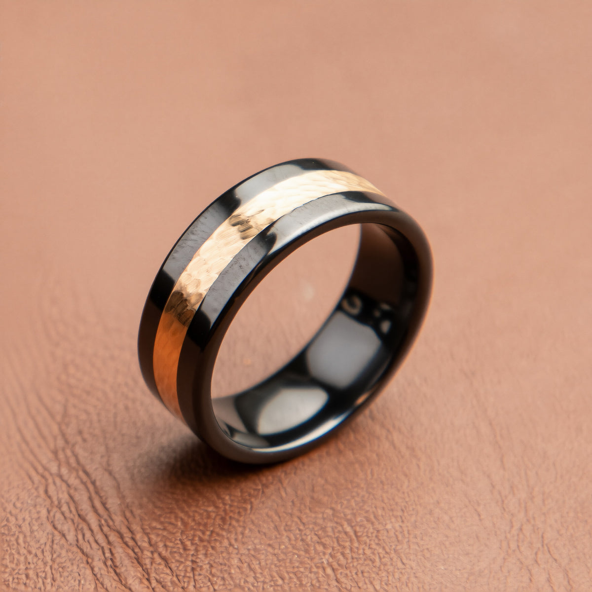 14k Gold Inlay Hammered Zirconium Wedding Band