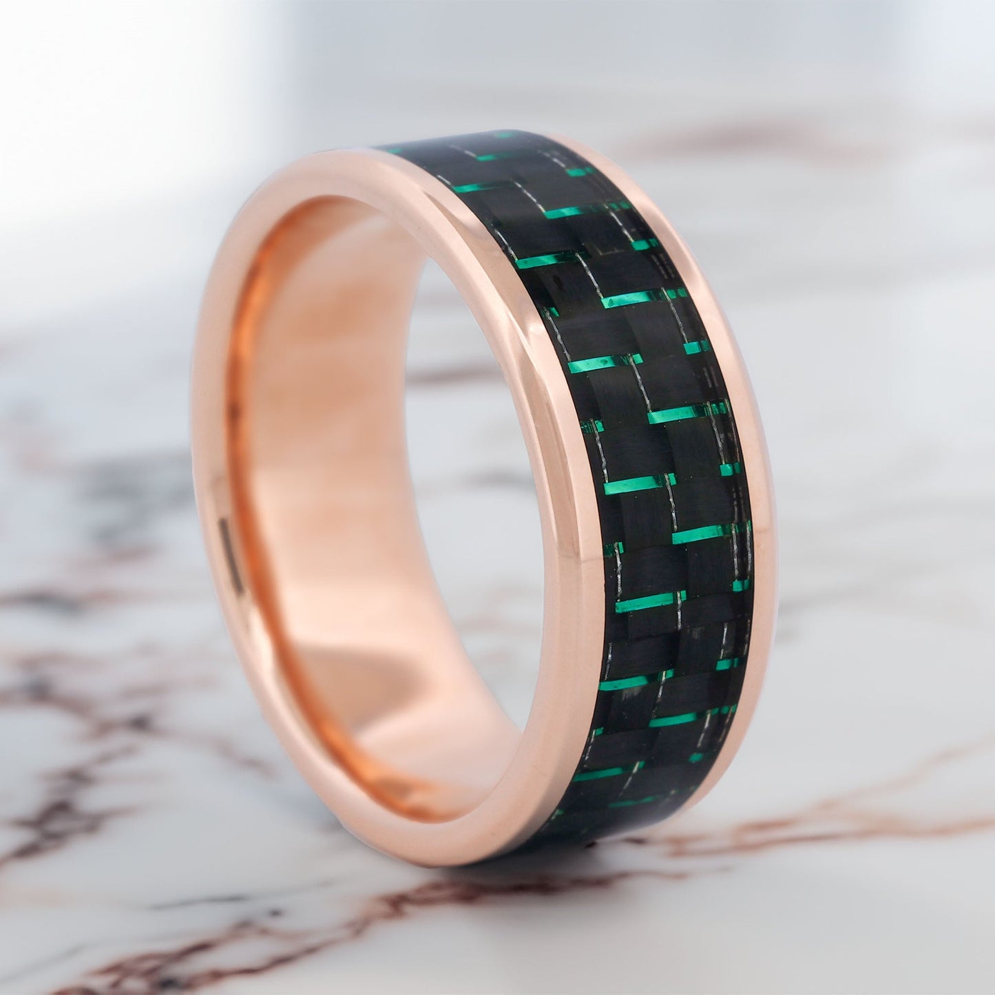 14k Gold Men's Wedding Band with Black & Green Carbon Fiber Inlay