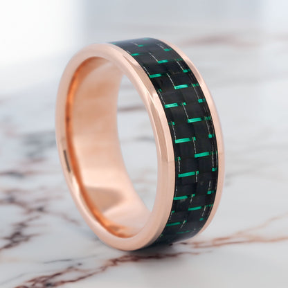 14k Gold Men's Wedding Band with Black & Green Carbon Fiber Inlay