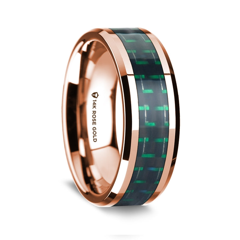 14k Rose Gold Men's Wedding Band with Black & Green Carbon Fiber Inlay