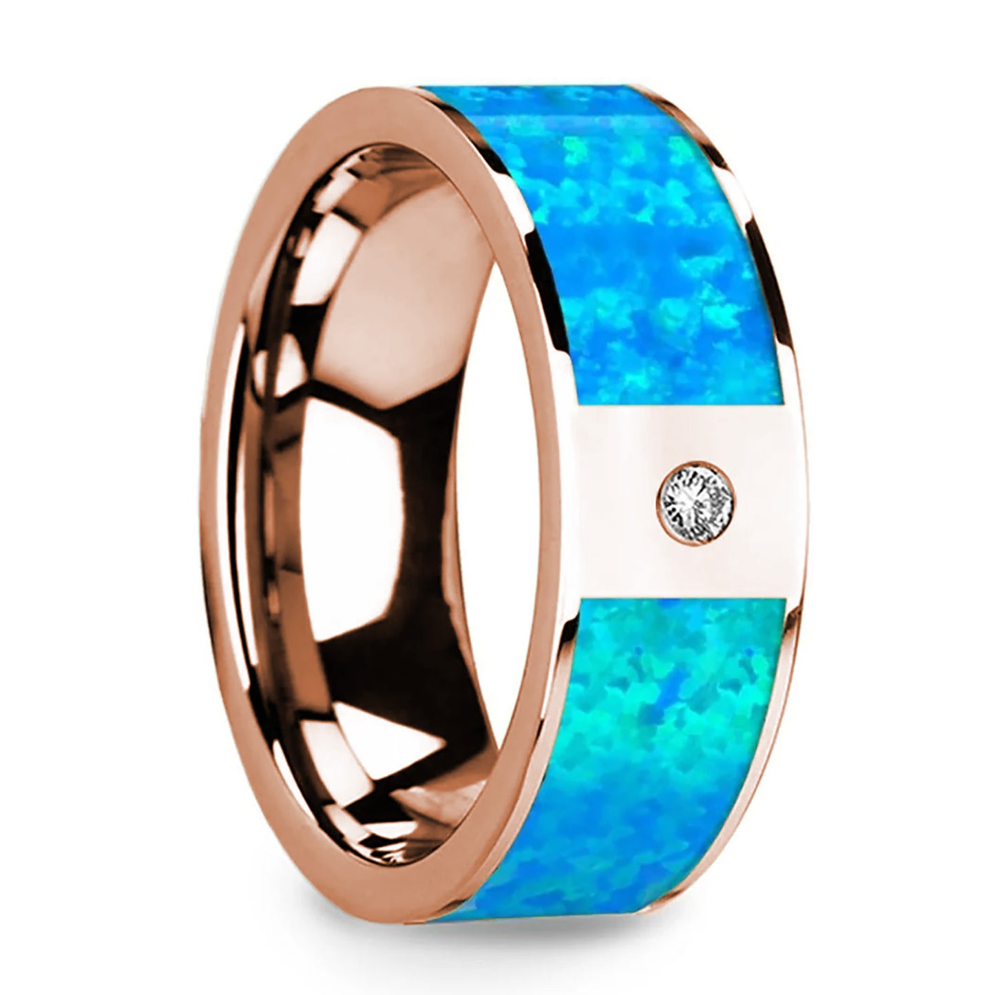 14k Gold Men's Wedding Band with Blue Opal Inlay & Diamond