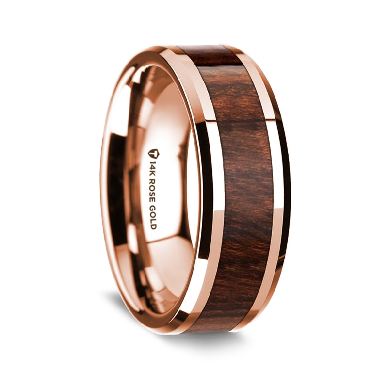 14k Rose Gold Men's Wedding Band with Carpathian Wood Inlay