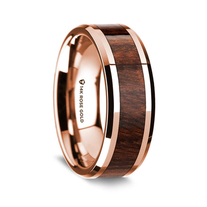 14k Rose Gold Men's Wedding Band with Carpathian Wood Inlay