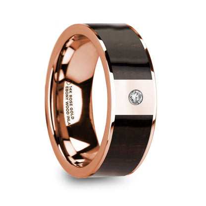 14k Rose Gold Men's Wedding Band with Ebony Wood Inlay & Diamond