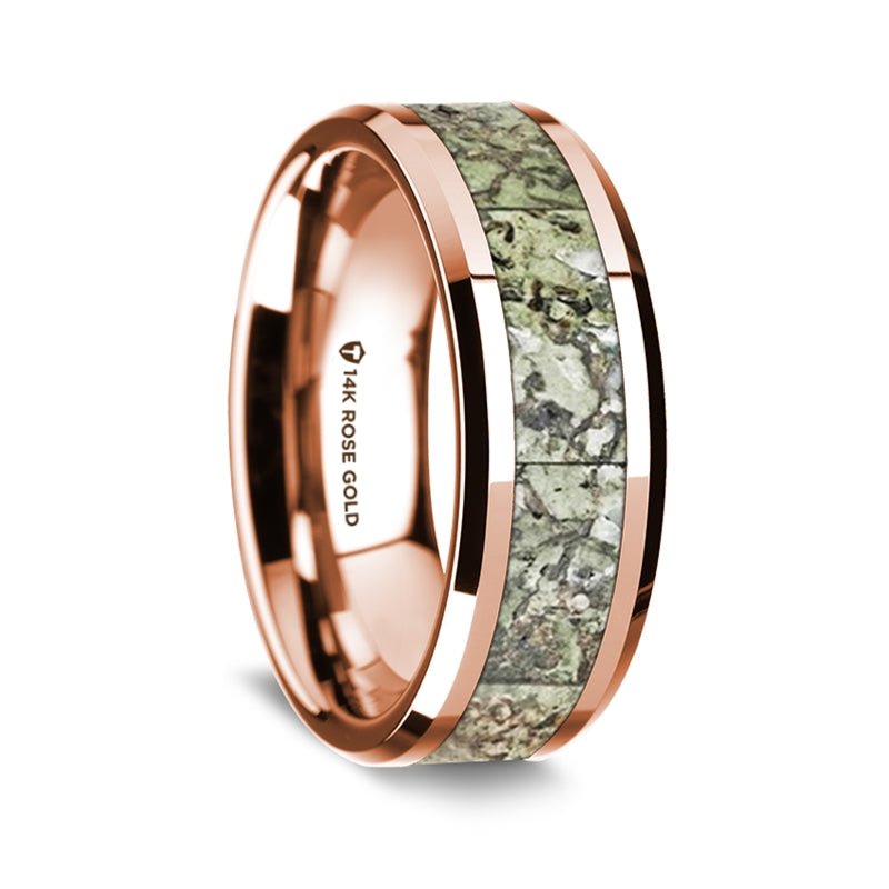 14k Rose Gold Men's Wedding Band with Green Dinosaur Bone Inlay