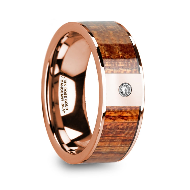 14k Rose Gold Men's Wedding Band with Mahogany Wood Inlay & Diamond