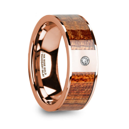 14k Rose Gold Men's Wedding Band with Mahogany Wood Inlay & Diamond
