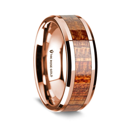 14k Rose Gold Men's Wedding Band with Mahogany Wood Inlay