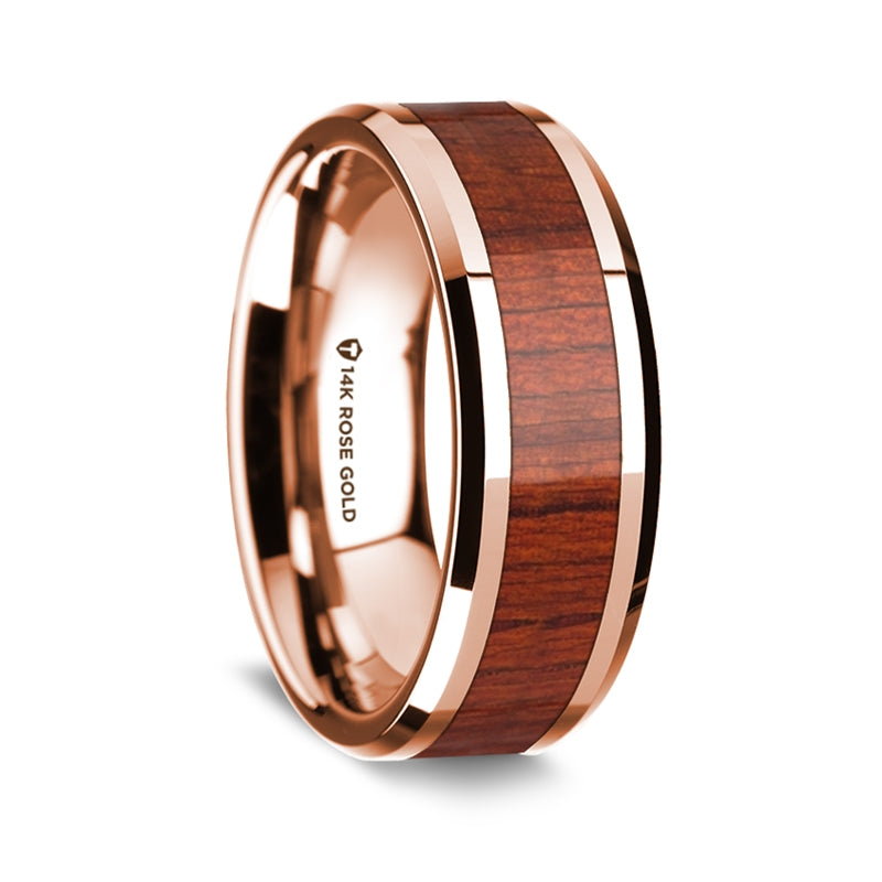 14k Rose Gold Men's Wedding Band with Padauk Wood Inlay