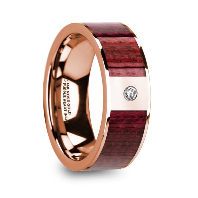 14k Rose Gold Men's Wedding Band with Purpleheart Wood Inlay & Diamond
