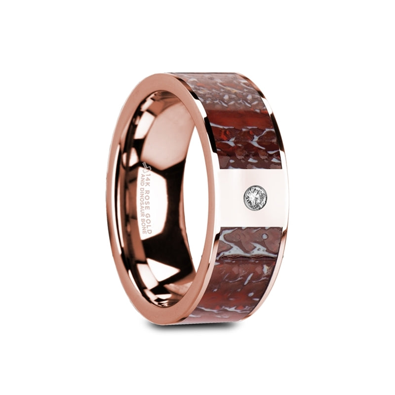 14k Rose Gold Men's Wedding Band with Red Dinosaur Bone Inlay & Diamond