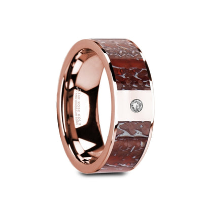 14k Rose Gold Men's Wedding Band with Red Dinosaur Bone Inlay & Diamond