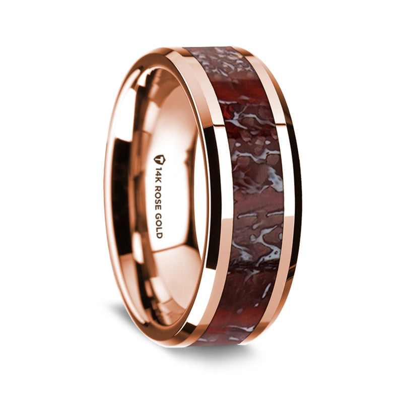 14k Rose Gold Men's Wedding Band with Red Dinosaur Bone Inlay