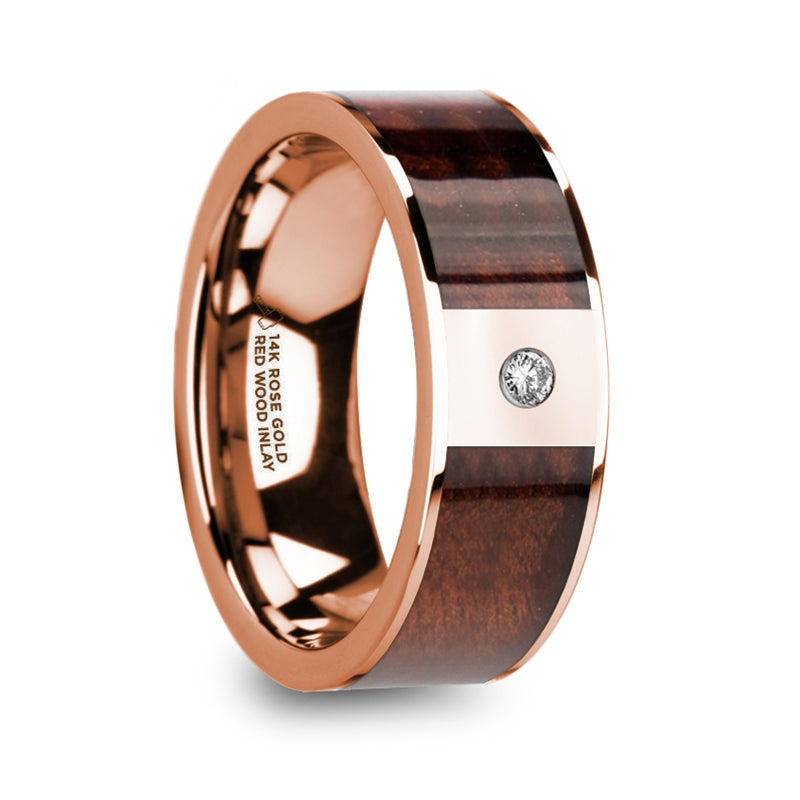 14k Rose Gold Men's Wedding Band with Redwood Inlay & Diamond