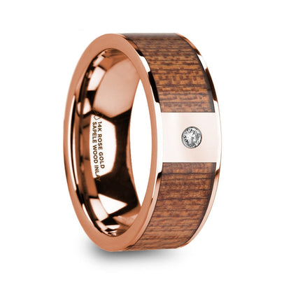 14k Rose Gold Men's Wedding Band with Sapele Wood Inlay & Diamond