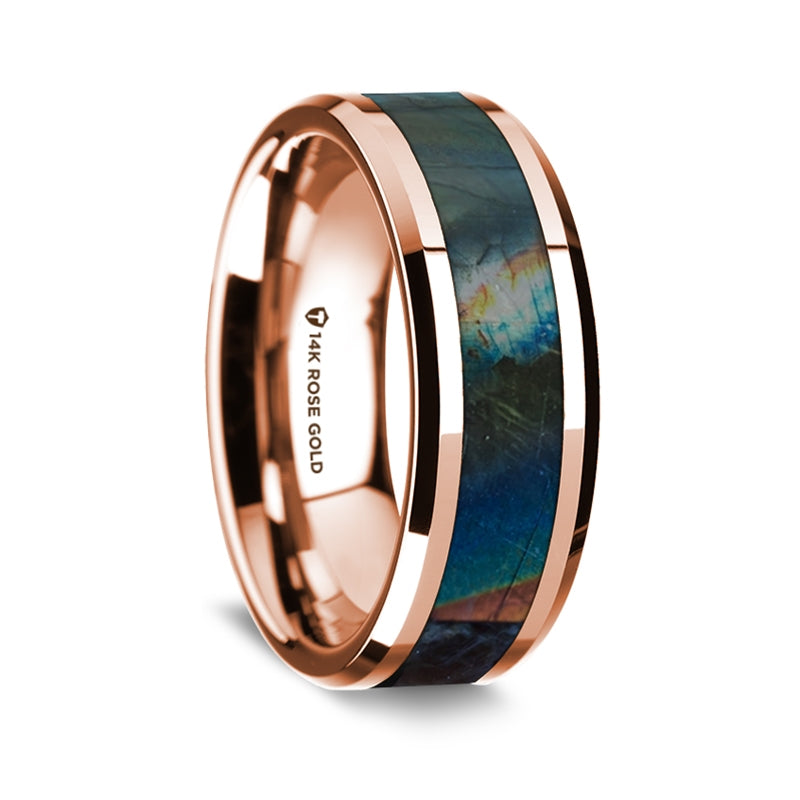 14k Rose Gold Men's Wedding Band with Spectrolite Inlay