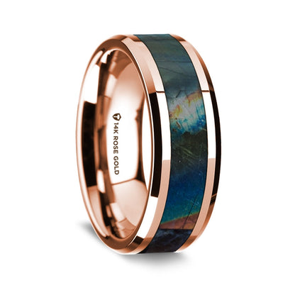 14k Rose Gold Men's Wedding Band with Spectrolite Inlay