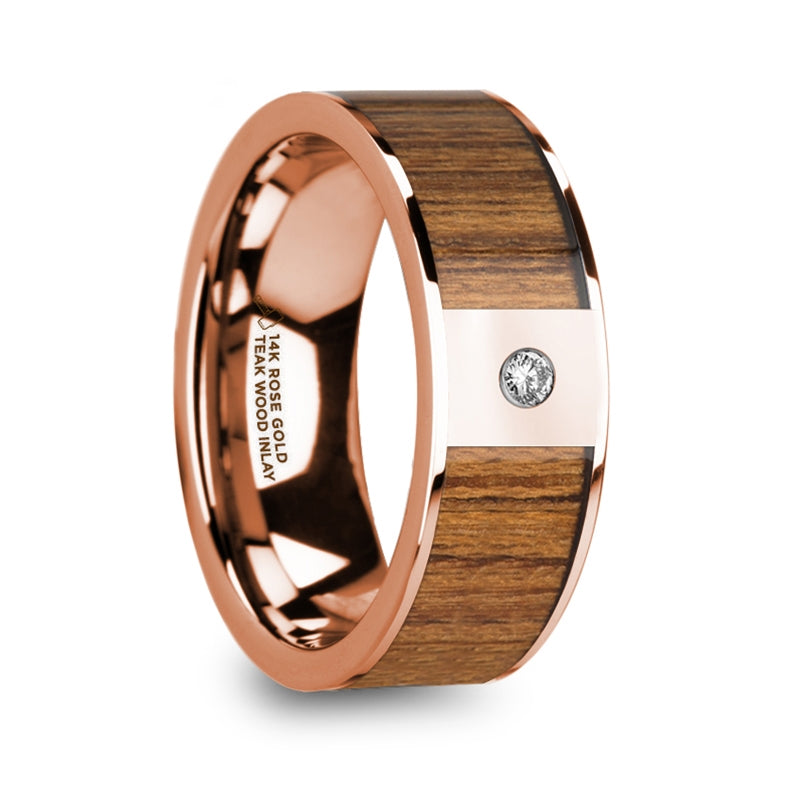 14k Rose Gold Men's Wedding Band with Teak Wood Inlay & Diamond
