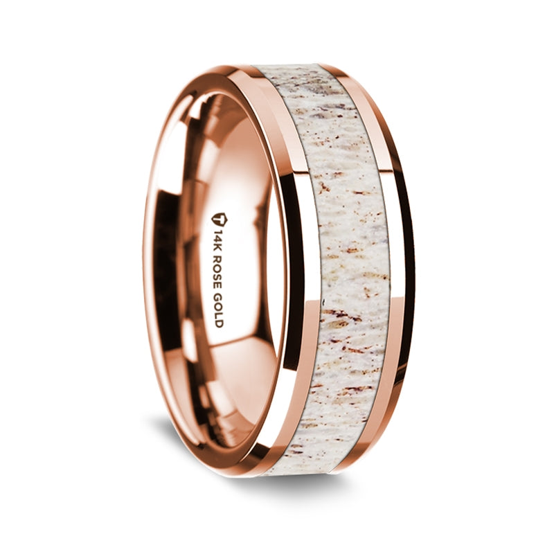 14k Rose Gold Men's Wedding Band with White Deer Antler Inlay
